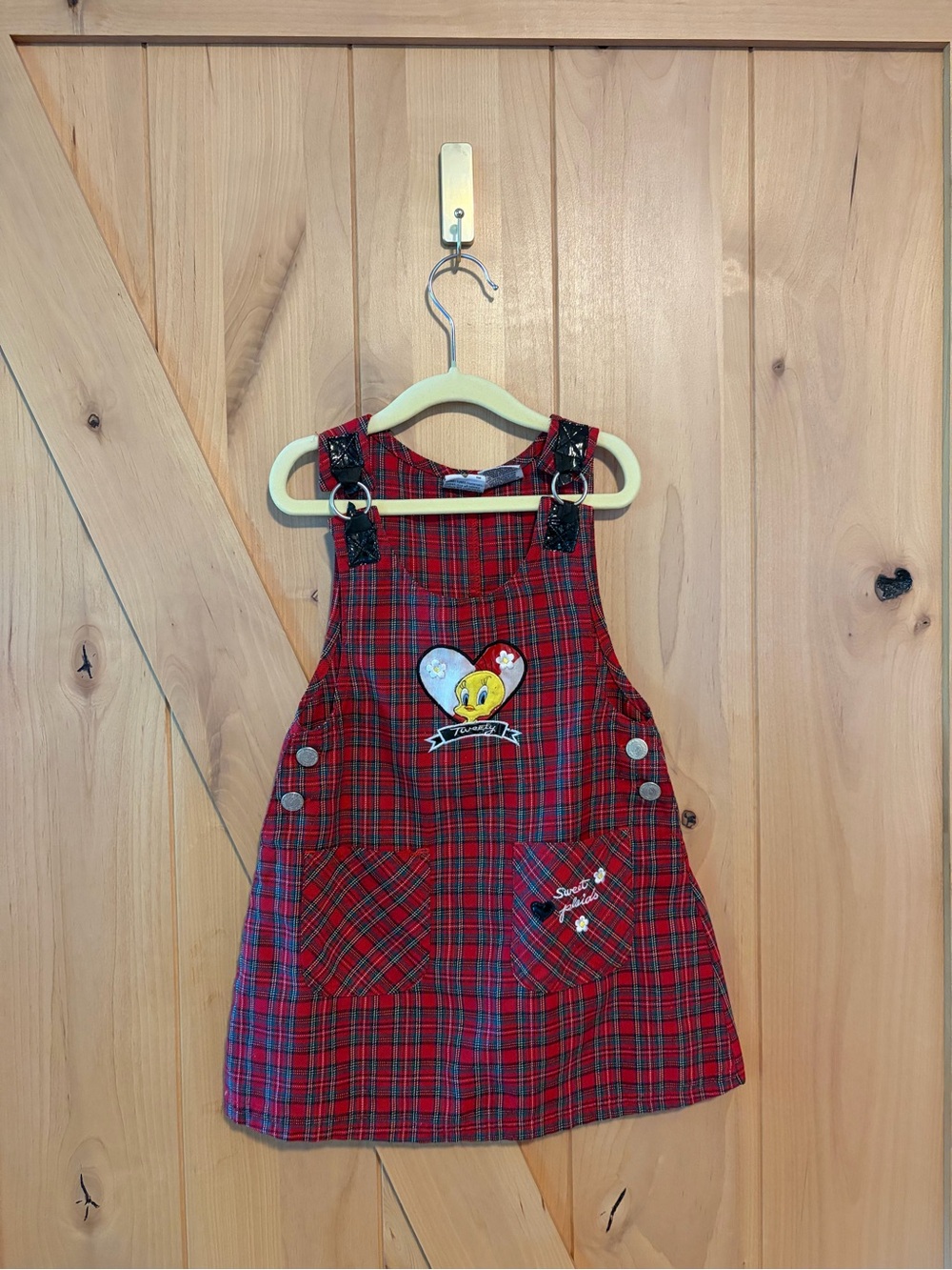 Vintage y2k Looney Tunes Tweety Bird Plaid Overall Dress Size 5